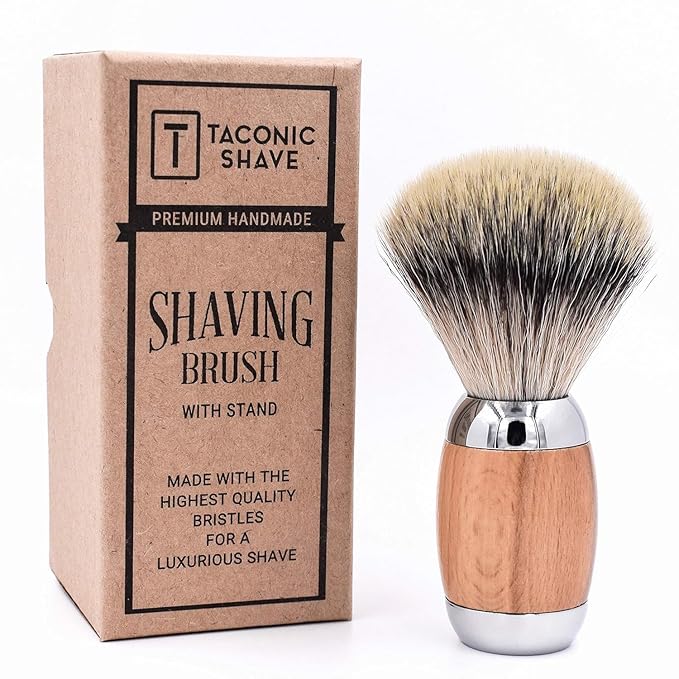 Taconic Shave's Synthetic Silvertip Luxury Shaving Brush – Deluxe Beechwood and Chrome Handle - Shaving Stand Included