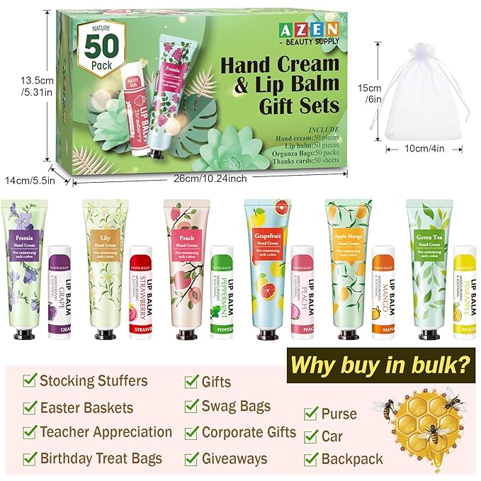 AZEN 50 Sets Hand Cream and Lip Balm Set with Organza Bag Thank You Card, Baby Shower Wedding Gifts for Guests, Bridal Souvenirs for Colleagues Employee Coworkers, Party Favor for Female Friends