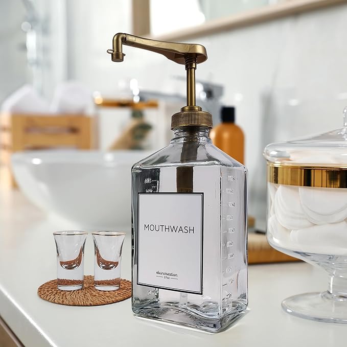 eBun Goldengleam Glass Mouthwash Dispenser (Gold Plastic Pump) 37oz Mouthwash Pump Dispenser, Mouth Wash Holder with Rinse Cup, Mouth Wash Glass Bottle, Decanter, Large Bottle for Bathroom Set