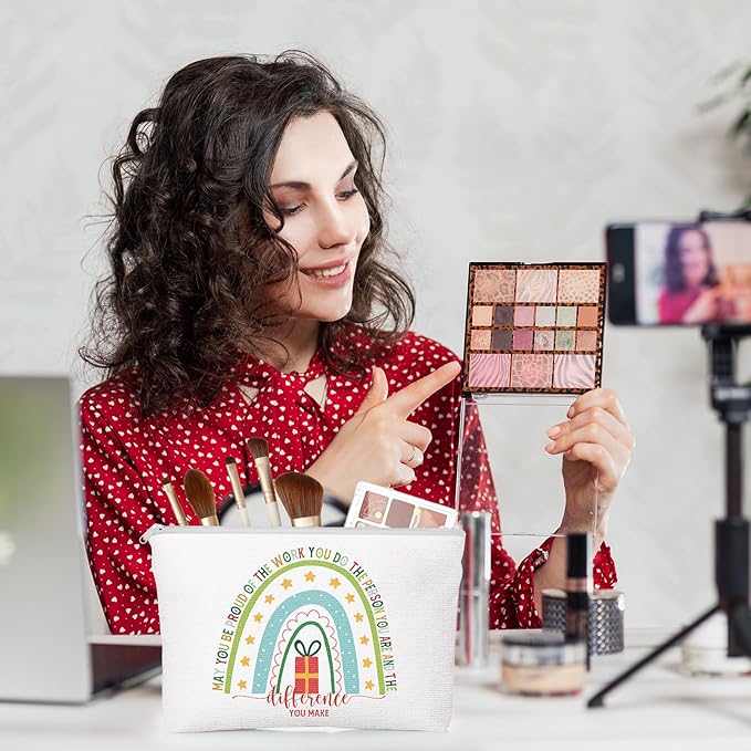 Sieral 30 Pcs Rainbow Canvas Makeup Bags Bulk Housekeeping Week Appreciation Gifts Inspirational Cosmetic Bags with Zipper Thank You Gifts for Teacher Employee Coworker Volunteer Nurse(Joyous)