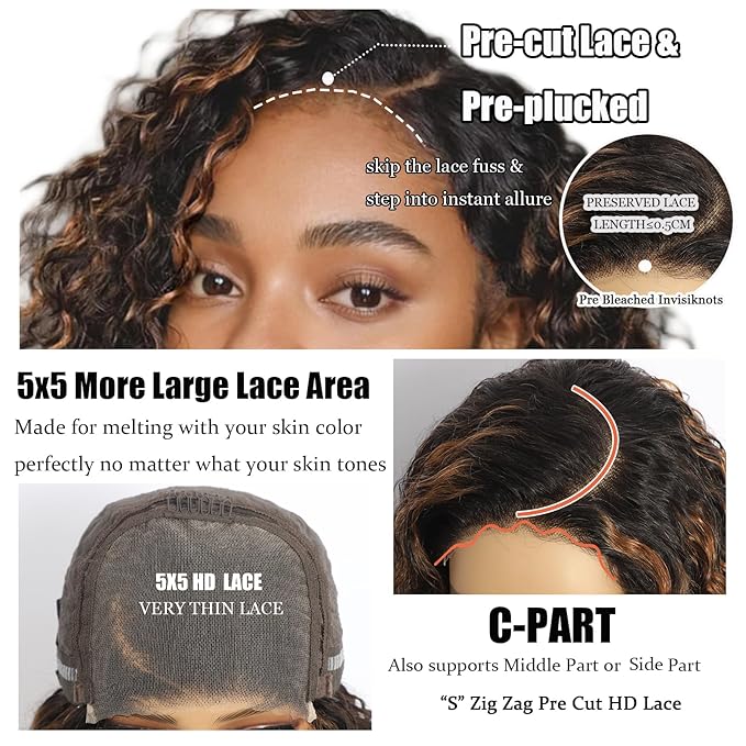 5×5 Closure Bob Wig Human Hair Glueless Wigs Human Hair Pre Plucked Pre Cut Short Curly Human Hair Wig Water Wave C Part Balayage Ombre Lace Frontal Human Hair Wigs for Black Women P1B/30 22 Inch