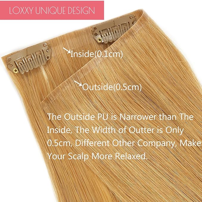 Seamless Hair Extensions Clip in Human Hair Ultra-Thin Tape Weft With Clips Blonde Clip in Hair Extensions New Technology Ultra Invisible Strawberry Blonde #27 Natural Silky Straight 110G 7PCS 18Inch