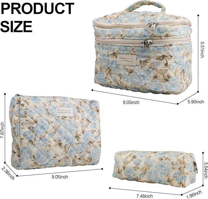 Dual Layer Cute Makeup Bag for Women(3 Pcs), Quilted Floral Coquette Aesthetic Make up Bags, Travel Cosmetic Bags Toiletry Organizer Bag(Blue Leaf)