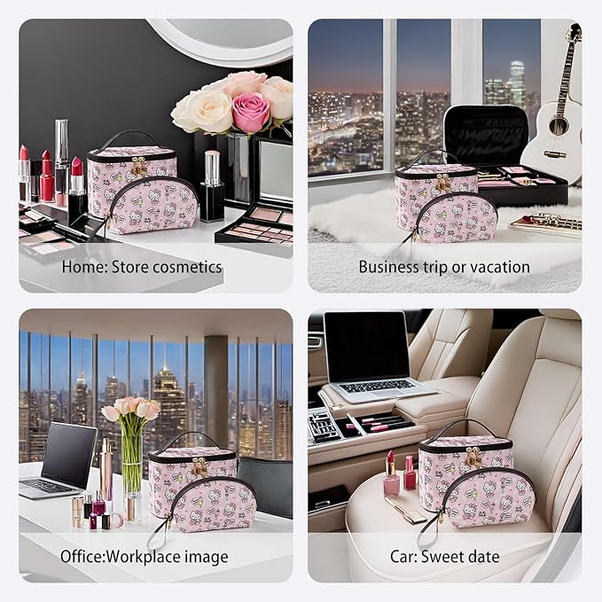 AmBealla Cosmetic Bag Large Makeup Bags Pink Travel Case with Makeup Brush Holder，2PCS Cosmetic Organizer for Women, Toiletry Storage Bag for Skincare & Beauty Tools Sweet Cute for Girls