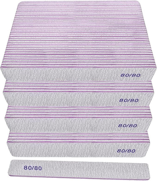80/80 Grit Nail Files (100 Pack), Heavy Coarse Emery Boards for Acrylic Nails and Gel Nails, 80 Grits Double Sided Nail File Emory Professional Nail Filer Reusable Washable Manicure Square Gray