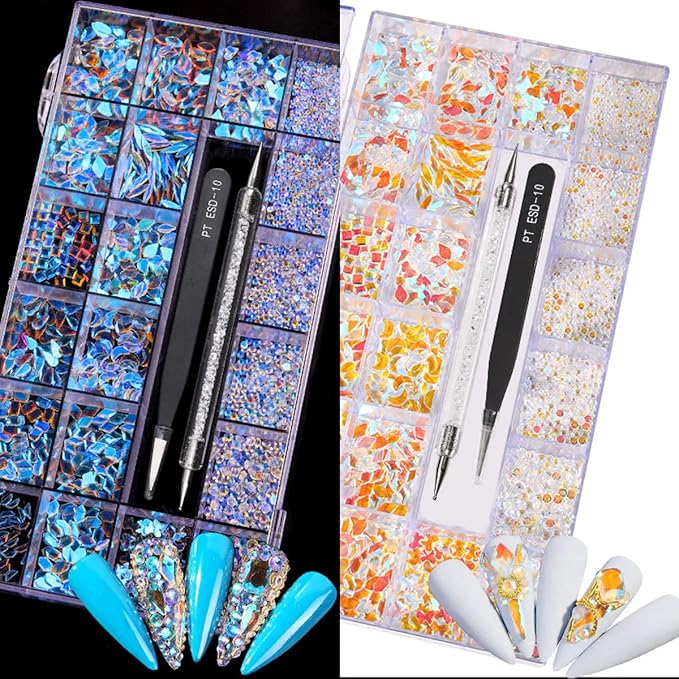 12 Types of Aurora 600 Diamonds + 2500 Flat Rhinestones Mix 20 Styles Flatback DIY Crafts Rhinestone Crystals 3D Decorations Flat Back Stones Set +Tweezers + Drill Pen