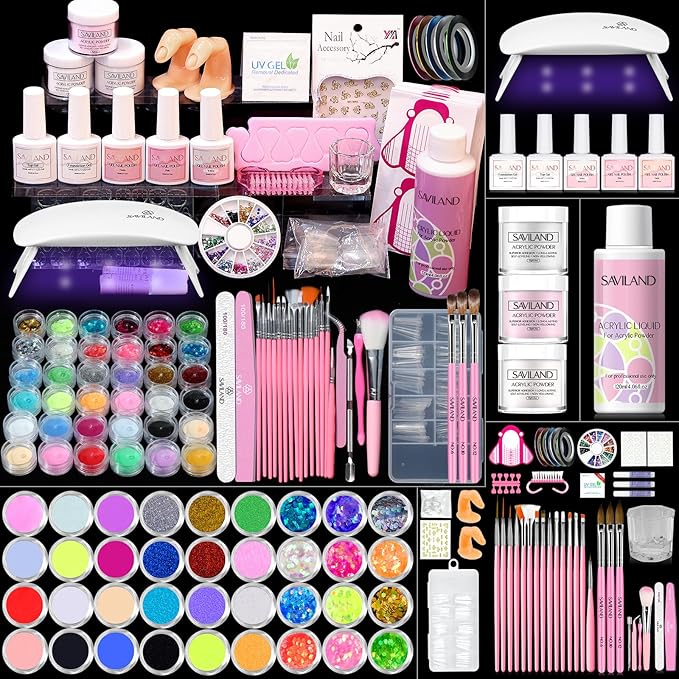 Saviland Acrylic Nail Kit for Beginners with Everything - Acrylic Powder and Liquid Set Gel Nail Polish Acrylic Nail Brush Practice Finger U V Light, Full Acrylic Nail Kit for Home DIY Nail Salon