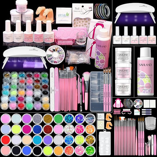 Saviland Acrylic Nail Kit for Beginners with Everything - Acrylic Powder and Liquid Set Gel Nail Polish Acrylic Nail Brush Practice Finger U V Light, Full Acrylic Nail Kit for Home DIY Nail Salon