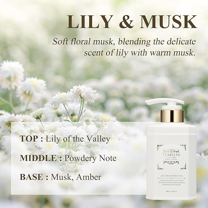Lily Musk White Tea Perfumed Body Lotion, Daily Moisturizer, Body Lotion For Dry Skin & Sensitive Skin, Non-Greasy, Slow Aging, Floral Musk Scent, Korean Skin Care