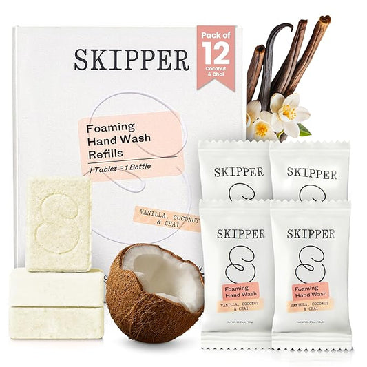 Tirtyl Skipper Foaming Hand Soap Tablet Refills - 12 Pack - 96 fl oz total (12x 8 fl oz) - Rebranded - Compostable Packaging - Vanilla, Coconut & Chai