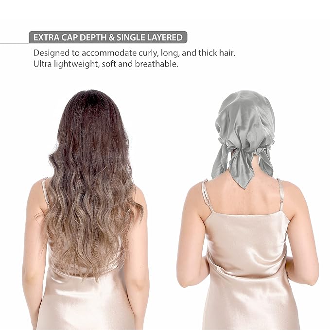 100% Silk Bonnet for Sleeping, Hair Bonnet with Tie Band, Large Silk Sleep Cap for Curly Hair, Silk Hair Wrap for Hair Care Gray