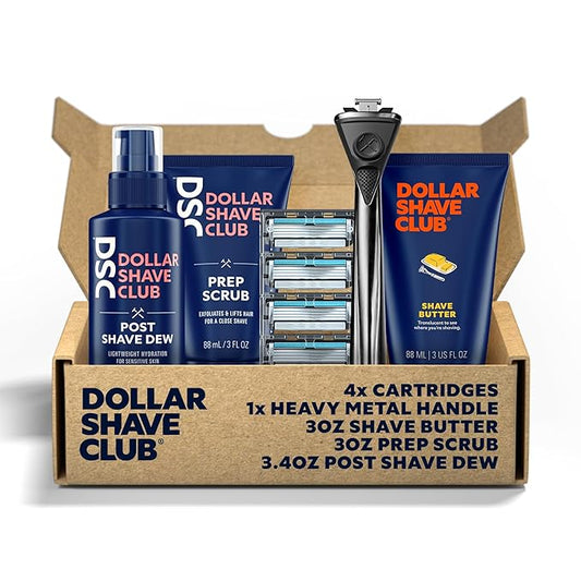 Dollar Shave Club | The Total Package Gift Set | 4 Swift Rinse Refill Cartridges, 1 Heavy Metal Handle, 1 Prep Scrub 3 ounce, 1 Shave Butter 3 ounce, 1 Post Shave Dew 3.4 ounce