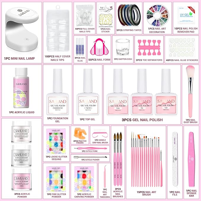 Saviland Acrylic Nail Kit for Beginners with Everything - Acrylic Powder and Liquid Set Gel Nail Polish Acrylic Nail Brush Practice Finger U V Light, Full Acrylic Nail Kit for Home DIY Nail Salon