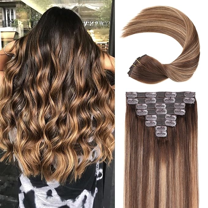Clip in Hair Extensions Human Hair,#4/27 T4 Chocolate Brown to Caramel Blonde 18Inch 8pcs 120g 20Clips Remy Hair Extensions Straight Human Hair