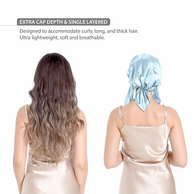 100% Silk Bonnet for Sleeping, Hair Bonnet with Tie Band, Large Silk Sleep Cap for Curly Hair, Silk Hair Wrap for Hair Care (Blue)