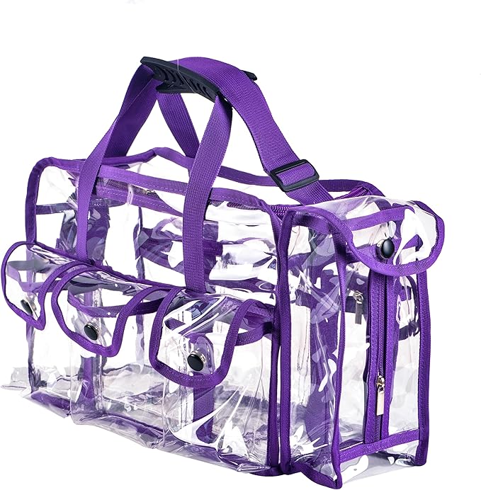 Wide Mouth Large Professional Clear PVC Travel Makeup Artist Set Bag Cosmetic Nails Beauty Bag Transparent Vinyl Tool Organizer Beach Bags Diaper Bags with 6 External Pockets & Strap (Purple)