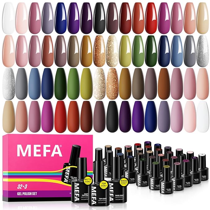 MEFA Gel Nail Polish Set, 32 Colors Burgundy Red Gel Polish Set Champagne Gold Glitter Nail Polish Gel Soak Off Dark Red Purple Shimmer Nude Brown Gel Nail Gifts for Women Girl DIY Salon Home Manicure