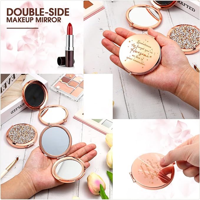 Roowest 10 Pcs Inspirational Compact Mirror Sometimes You Forget You're Awesome Appreciation Gifts for Women Mother's Day Party Favors Magnifying Pocket Mirror (Rose Gold)