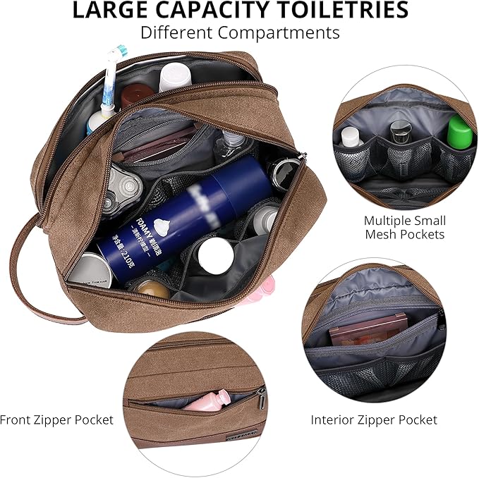 WITZMAN Canvas Toiletry Bag for Men Hanging Dopp Kit Organizer Water-resistant Travel Toiletries bag Men Bathroom Bag with Wet Pocket(A8001 Brown)
