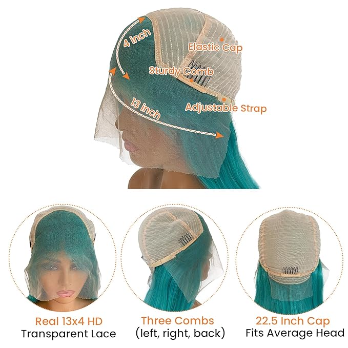 13x4 Glueless Lake Blue Bob Wig Human Hair Lace Front Wigs Pre Plucked Blunt Cut HD Transparent Teal Blue Colored Bob Lace Front Wig Human Hair 180% Density 8 Inch Short Bob Wigs for Black Women