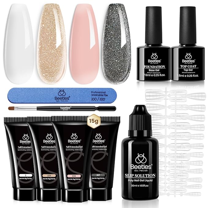Beetles Poly Nail Gel Kit White Gold Glitter Nude Pink Poly Nail Extension Gel with Poly Brush Nail File Dual Forms Tyro Nail Salon All-in-One Easy DIY at Home Decoration Nail Art Kit