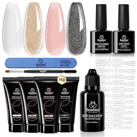 Beetles Poly Nail Gel Kit White Gold Glitter Nude Pink Poly Nail Extension Gel with Poly Brush Nail File Dual Forms Tyro Nail Salon All-in-One Easy DIY at Home Decoration Nail Art Kit