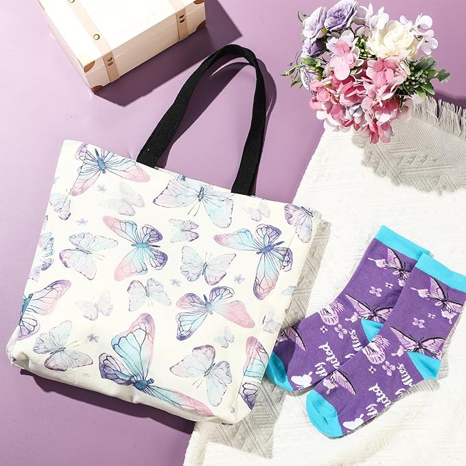 Animal Lover Gifts for Women Mother's Day Animal Themed Gifts for Mom Include Canvas Tote Bag, Makeup Bag, Socks, Keychain, Enamel Mug, Small Figurines(Butterfly)