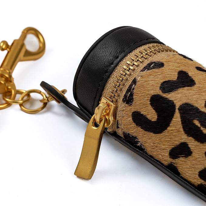Cackatoo Genuine Leather Horsehair Lipstick Case with Keychain - Portable Travel Organizer for Lipstick and Chapstick - Stylish Key Chain Accessory for Women (Leopard/Black)