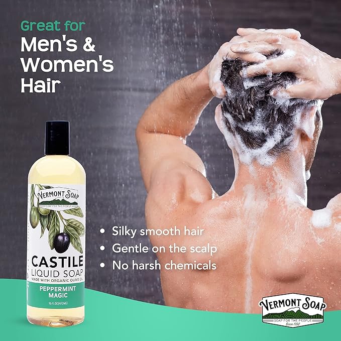 Vermont Castile Soap Peppermint, Gentle Liquid Soap for Sensitive Skin & Natural Body Wash, Organic Hair Shampoo for Oily Hair, Aloe Castile Soap for Men & Women - 16 Oz