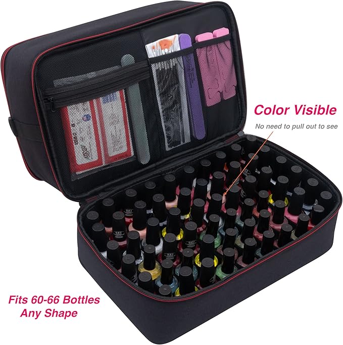 ButterFox Extra Large Nail Polish Organizer Case, Holds 60-66 Bottles and Nail Dryer Lamp, Large Nail Supplies and Accessories Storage Holder Bag (Black/Red)
