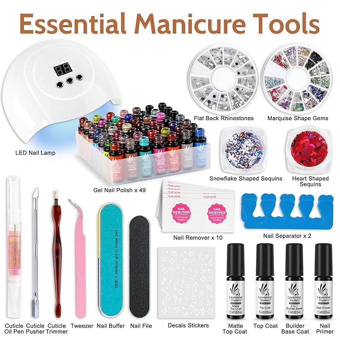 Lavender Violets Gel Nail Polish Kit with U V Light, 45 Colors Gel Polish Nail Set with Base and Matte & Glossy Top Coat Soak Off All Season Essential Manicure Tools Gifts for Women Easter LA00