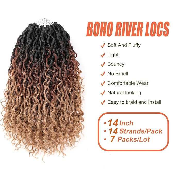 Aipin Goddess Locs Crochet Hair 14 Inch Boho River LocsHippie Locs Wavy Crochet With Curly Hair In Middle And Ends Braids Hair Extensions (7Packs,14 inch, 3T1B/30/27)