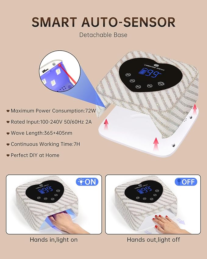 UV LED Nail Lamp 72W Rechargeable Sparkly Nail Dryer Gel Polish Light with 5 Timer Setting Professional Quick Dry Curing Lamp with Display Auto Sensor for Salon & Home, Pearl Diamond
