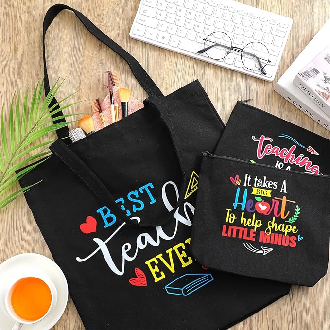 Oudain 8 Pcs Teacher Appreciation Gifts for Women Graduation Gifts Canvas Tote Bag Cosmetic Toiletry Canvas Makeup Bags with Zipper for Teacher Birthday Farewell Parties