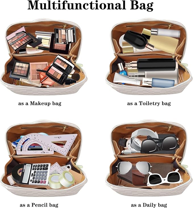 Checkered Makeup Bag Large Capacity Travel Cosmetic Bags for Women Makeup Organizer Bag (White Checkered)