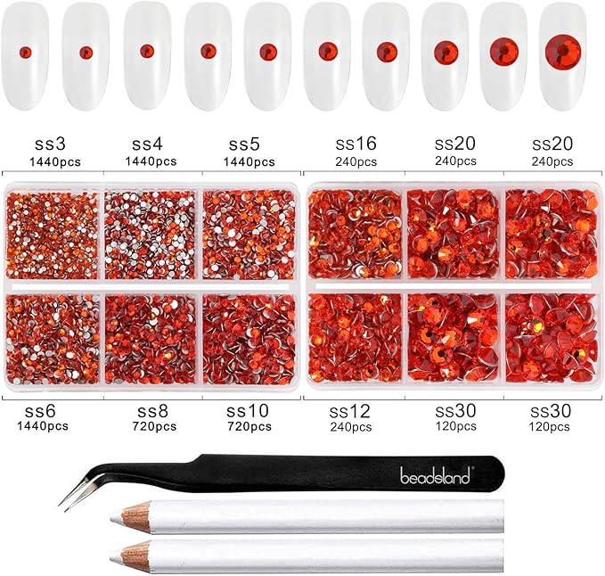 Beadsland 8300PCS Flatback Rhinestones, Orange Rhinestone Nail Gems Round Crystal Rhinestones for Crafts, Mixed 10 Sizes with Wax Pencil and Tweezer Kit, SS3-SS30, Hyacinth
