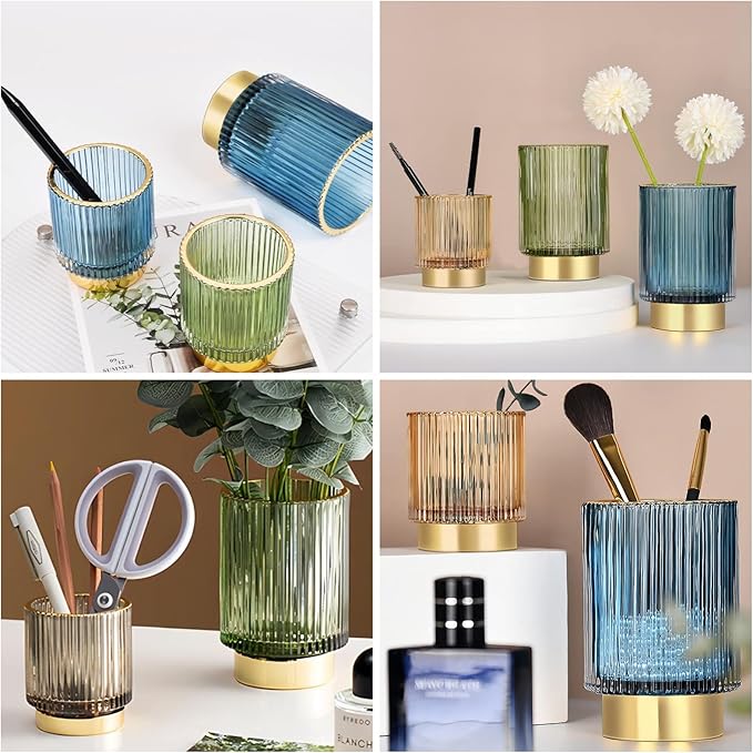 DASITON Makeup Brush holder Organizer,Crystal Cosmetic Makeup Brush Glass Brushes Storage Holder, Vintage Make Up Brush Cup Pen Pencil Holder striped vase(Blue S+L)