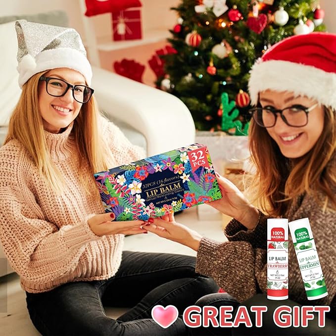 32 Pack Lip Balm, Natural Lip Balm Bulk with Vitamin E and Coconut Oil, Bulk Lip Balms for Dry Lips-16 Flavors