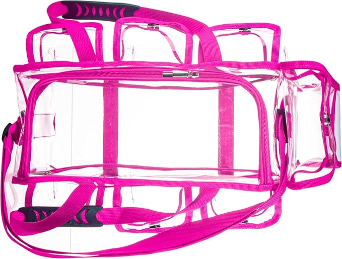 Wide Opening Large Professional Clear PVC Travel Makeup Artist Set Cosmetic Nails Beauty Bag Transparent Vinyl Tool Organizer Work Beach Diaper With 6 External Pockets & Strap (Pink)