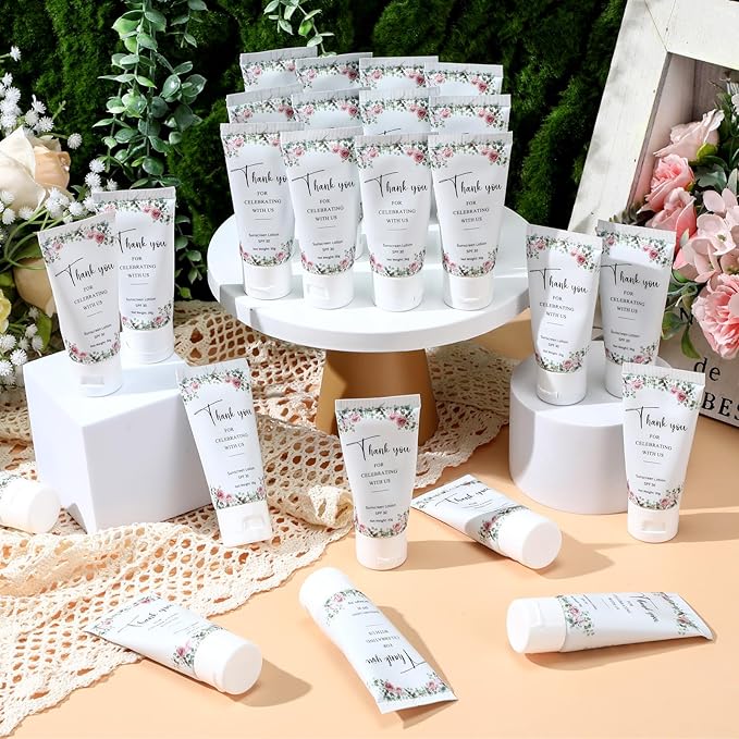 24 Pcs Mini Sunscreen Bulk for Summer Wedding Party Spf 30 Water Resistant Sunscreen Lotion Bulk 1oz Travel Size for Thank You Gifts Wedding Party Supplies(White Cream,Floral)