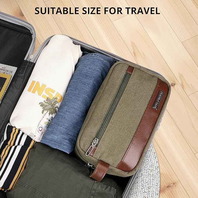 WITZMAN Canvas Toiletry Bag for Men Hanging Dopp Kit Organizer Water-resistant Travel Toiletries bag Men Bathroom Bag with Wet Pocket(A8001 Army Green)