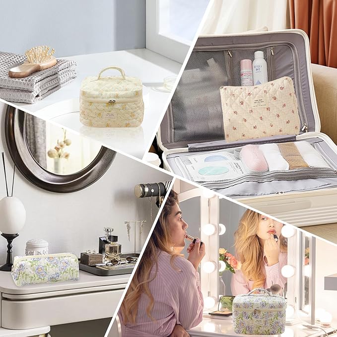 Quilted Floral Makeup Bag 3PCS, Cute Cotton Coquette Aesthetic Travel Toiletry Bag, Zipper Cosmetic Pouch, Daily Travel Use Skincare Bag, Large Capacity (Rose Blush Garden Pink)