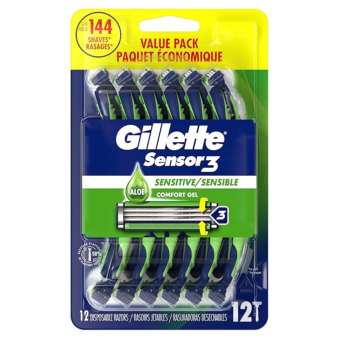 Gillette Sensor3 Sensitive Men's Disposable Razor, 12 Razors