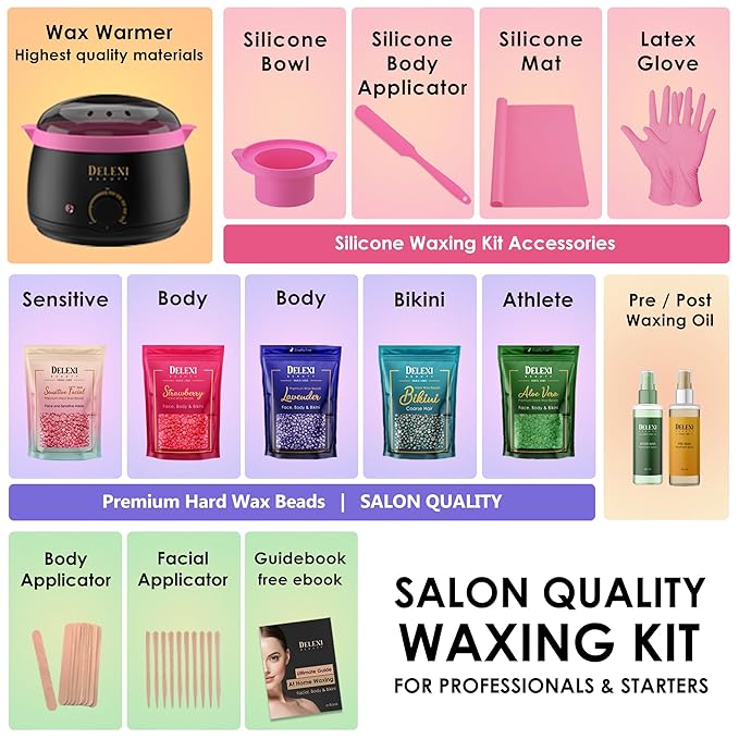 All-in-one Waxing Kit for Women +5 Pack Salon Quality Wax for Full Body Hair Removal - Ideal for Bikini, Brazilian, Underarms, Legs, Eyebrows, Chest, Back, and Mustache - For Sensitive Skin