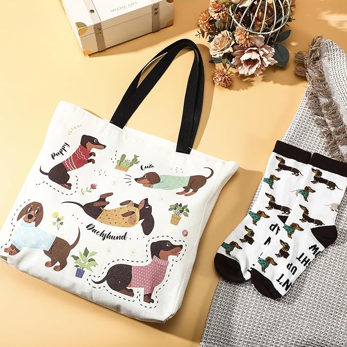 Animal Lover Gifts for Women Mother's Day Animal Themed Gifts for Mom Include Canvas Tote Bag, Makeup Bag, Socks, Keychain, Enamel Mug, Small Figurines(Dachshund)
