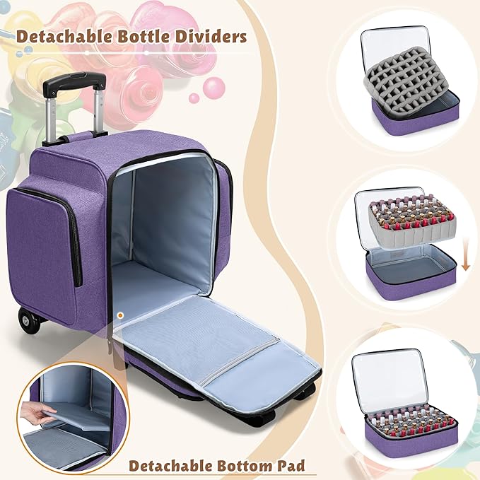 BAFASO Rolling Nail Polish Organizer Holds 144 Bottles, Nail Polish Case with a Detachable Dolly and 3 Removable Cases (Patented Design), Purple