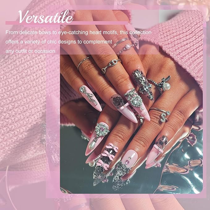 Handmade Press On Nails Stiletto, Pink Press On Nails Long, Rhinestone Lace 3D Nails With Bow For Women Gift, Reusable Stick On Fake Nails Kit With Nail Glue (Lace Charm, S)