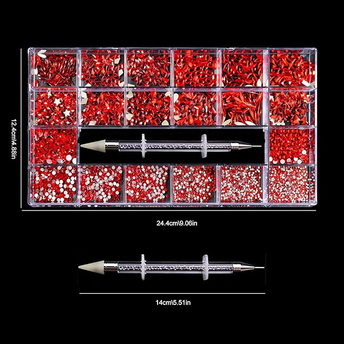 12 Types of Red 600 Diamonds + 2500 Flat Rhinestones Mix 20 Styles Flatback DIY Crafts Rhinestone Crystals 3D Decorations Flat Back Stones Set + Rhinestone Picker Wax Pen