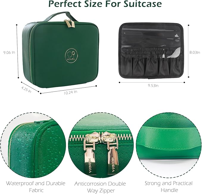 MOMIRA Travel Makeup Bag Cosmetic Bag Makeup Organizer Bag with Lighted Mirror, Adjustable Brightness in 3 Color Scenarios, Waterproof Makeup Train Case, Gift for Women - Emerald Green