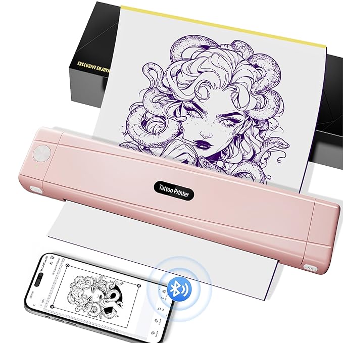 2025 New Version Tattoo Stencil Printer with 10pcs Transfer Paper, Wireless Thermal Tattoo Transfer Printer, Bluetooth Portable Tattoo Machine Compatible with Smartphone & Pad, Pink